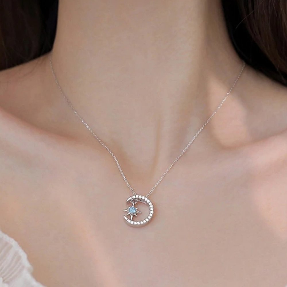 *925 Sterling Silver Diamond Moon Star Necklace P